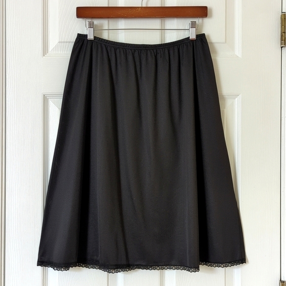 Vanity Fair 80's Vintage Silky Lace Trim High Waisted Mini Slip Skirt Black L - Picture 1 of 8